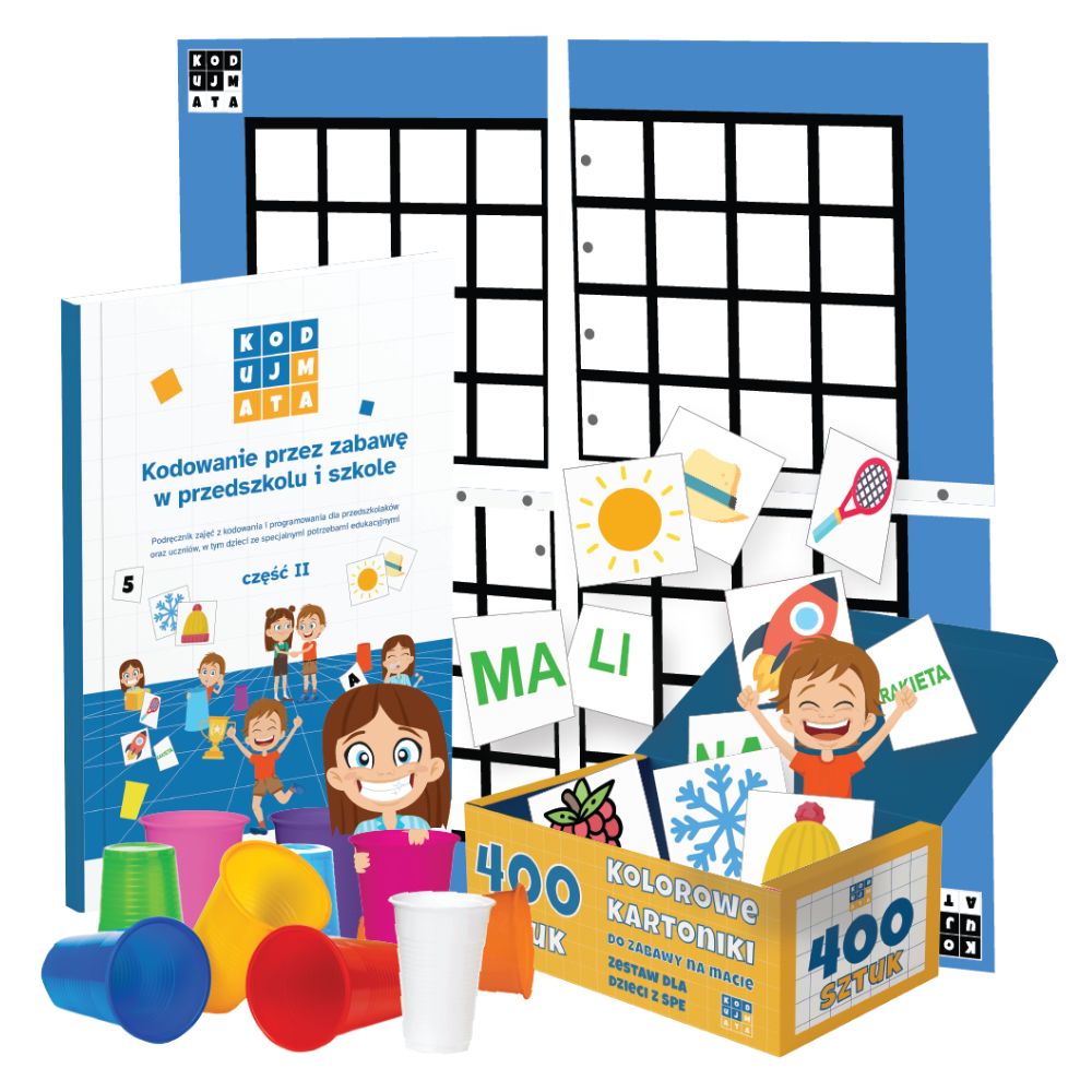 KodujMata - pełny zestaw niebieski (duża mata z 400 kartami i kubeczkami) dla dzieci ze specjalnymi potrzebami edukacyjnymi wraz z podręcznikiem